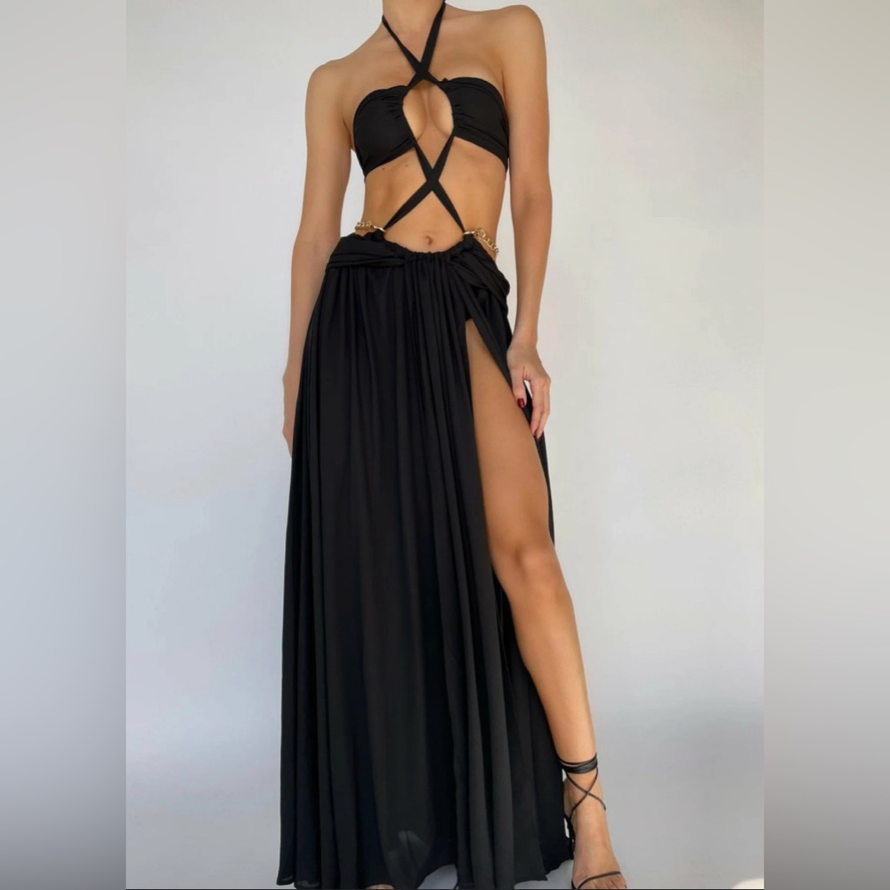 NWT Bronx and Banco Fire Silk Black Noir Cut-Out Maxi Dress Gown